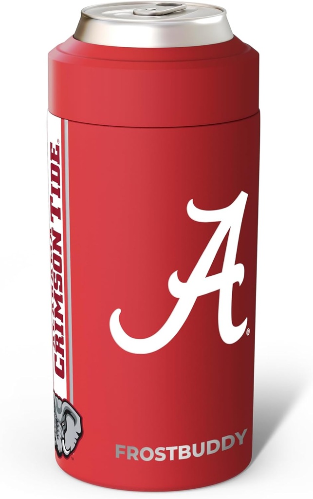Frost Buddy Universal Can Cooler - Fits all - Stainless Steel Can Cooler for 12 oz & 16 oz Regular or Slim Cans & Bottles - Stainless Steel (Alabama Crimson Tide)
