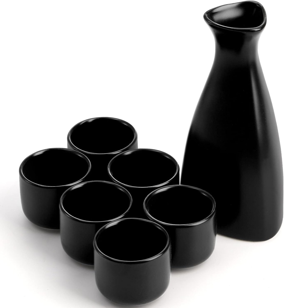 Tosnail 7 Pieces Ceramic Japanese Sake Set, 1 Serving Carafe and 6 Cups - Black