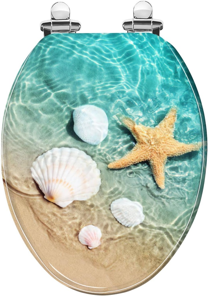 Elongated Toilet Seat seashell summer beach sea water Resin Toilet Seat with Quietly Close Quick Release Hinges Decorative Toilet Seat with Cover Easy to Clean and Install Beach Theme Decor