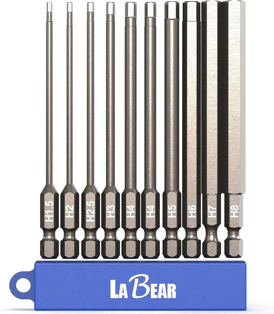 LABEAR - 10-Piece 4" Metric Hex Head Allen Wrench Screwdriver Bit Set. S2 Steel (H1.5, H2, H2.5, H3, H4, H4, H5, H6, H7, H8)