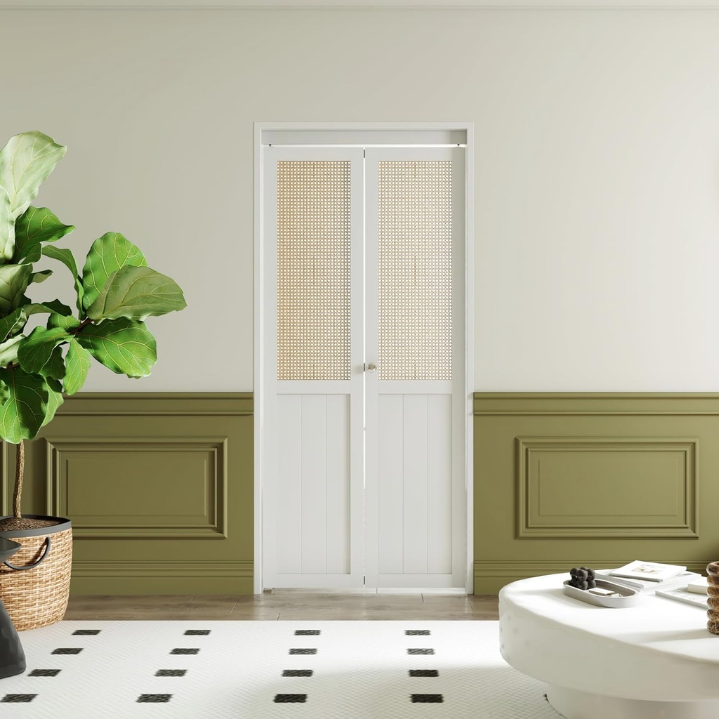 BARNER HOME Bi-fold Doors - Cane Closet Door for 36" x 80" Opening, Webbing & Wood Interior Door Slab, Including Hardware, MDF, White Folding Door for Wardrobe