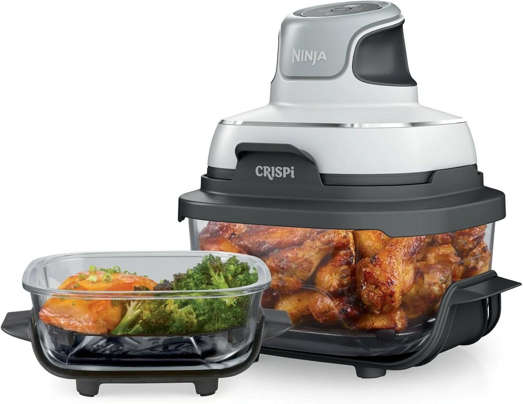 Ninja Crispi® 3-in-1 Glass Air Fryer – 4Qt & 5-Cup Portable Cooking System, White – Healthy Fry, Steam & Roast in One Compact Appliance