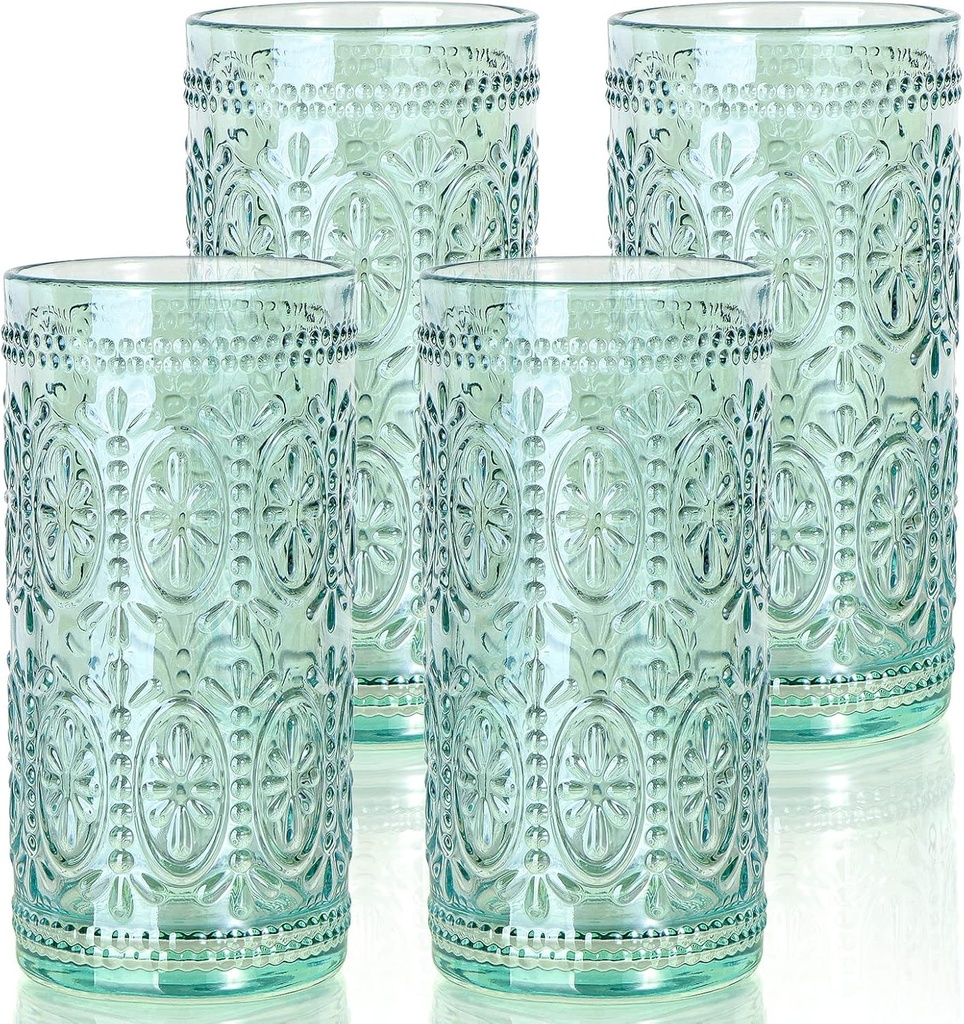 Green Drinking Glasses Set of 4, Vintage Drinking Glasses, Colored Glassware Drinking, Highball Beverage Glasses Cup, Vintage Glassware Set for Water, Juice, Cocktail, Coffee