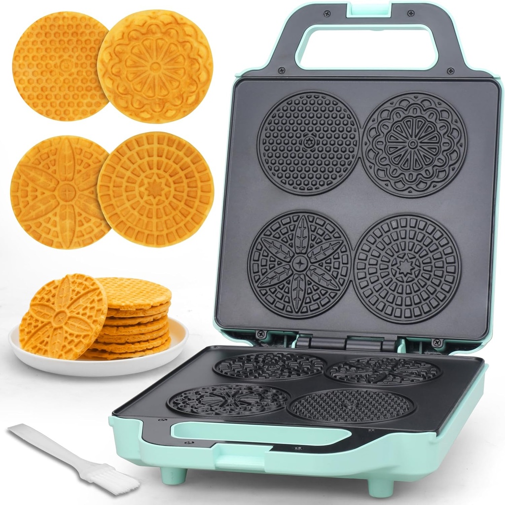Baker’s Friend Pizzelle Maker Electric, 4 X 3.5” Pizzelle Waffle Cookies for Christmas Baking Supplies, Stroopwafel Iron, Cookie Maker Machine with Pattern, Thin Waffle Maker, Aqua