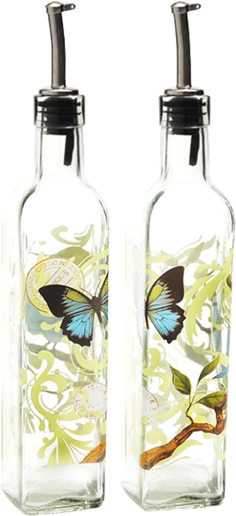 CEDAR HOME Olive Oil Bottle Set Glass Dispenser Vinegar Cruet 17oz. with Stainless Steel Leak Proof Pourer Spout for Cooking or Salad