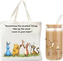 Cute Bear Gifts for Women, Canvas Tote Bag & 16 oz Iced Coffee Glass Cup Set, Birthday Gifts for Best Friends Bear Lovers