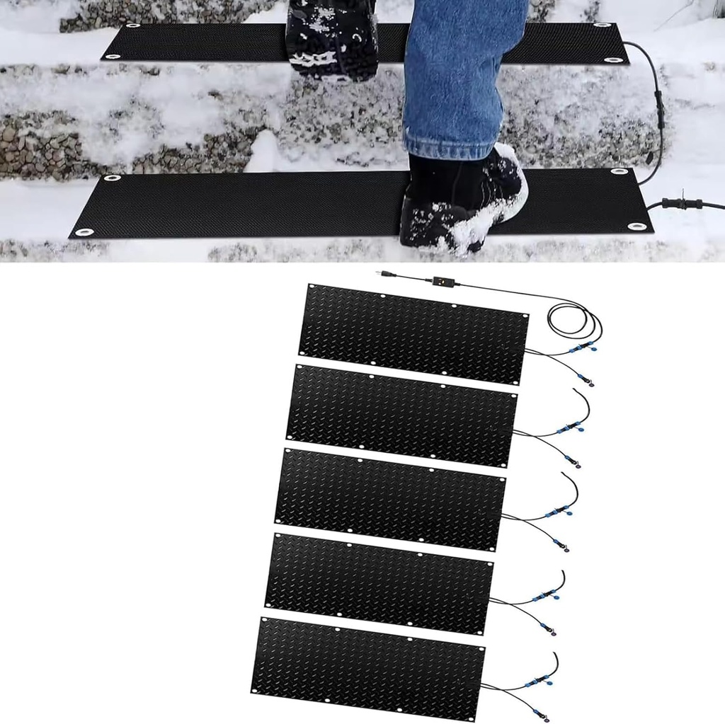 Outdoor Heated mat Walkway Snow Melting mats，1/2/3/4/5 pcs ，Outdoor Stairs- with Power Cord Non Slip Rubber Heated Mat for Winter Outdoor Stairs, Steps, Doorwa(5 Pcs,25.4x120cm/10x48in)