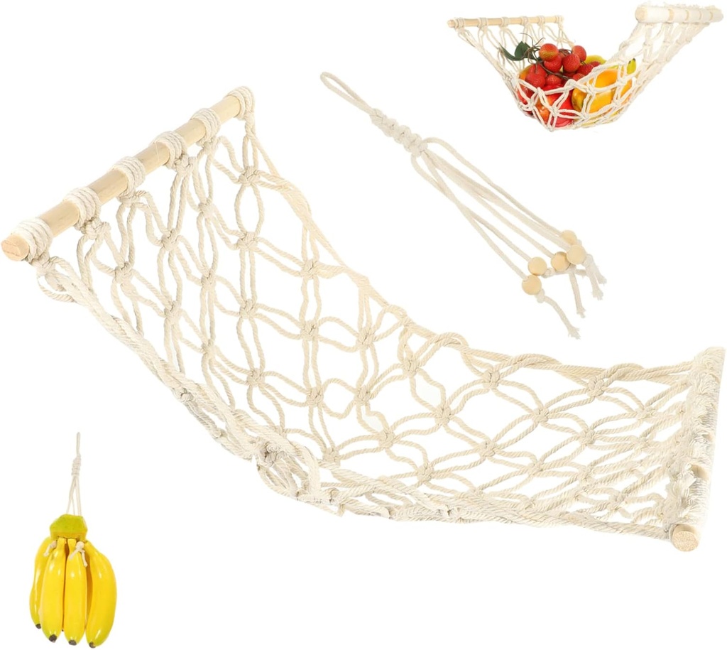 Cabilock 1Set Multi Function Hanging Storage Basket Bohemia Style Woven Fruit Vegetable Net Bag for Kitchen Organization and Space Saving Includes Banana Holder
