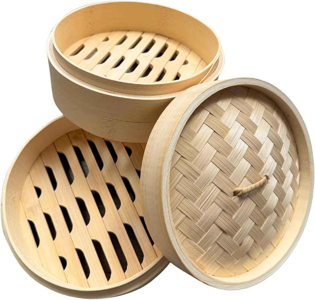 THY Collectibles 2-Tier Bamboo Steamer Basket Set – Perfect for Dim Sum, Dumplings, Buns, Seafood & Rice – Ideal for Asian Cooking (Bamboo, 8-Inch)
