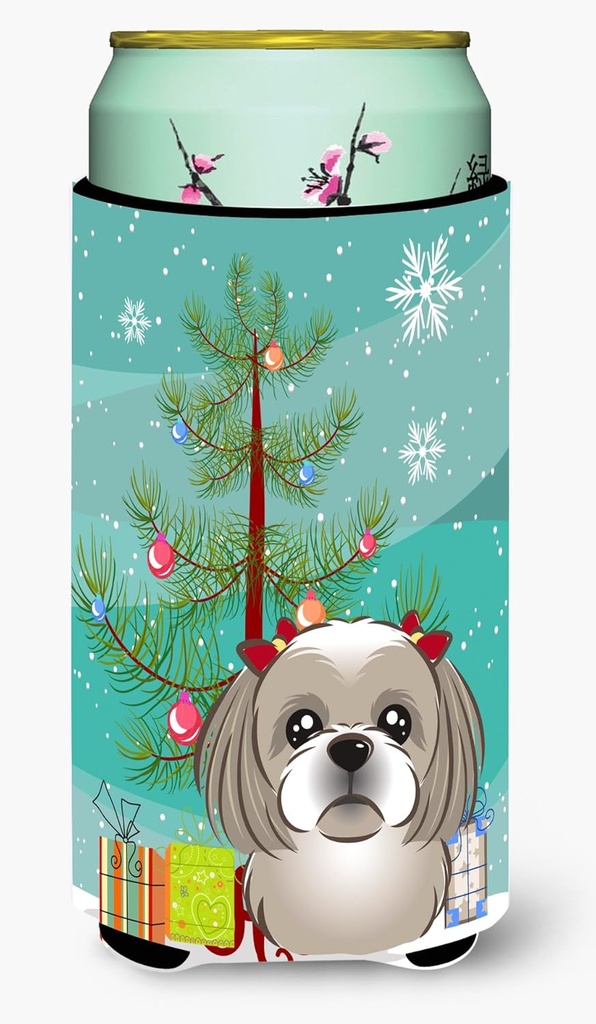 Caroline's Treasures BB1622TBC Christmas Tree and Gray Silver Shih Tzu Tall Boy Hugger Can Cooler Sleeve Hugger Machine Washable Drink Sleeve Hugger Collapsible Insulator Beverage Insulated Holder