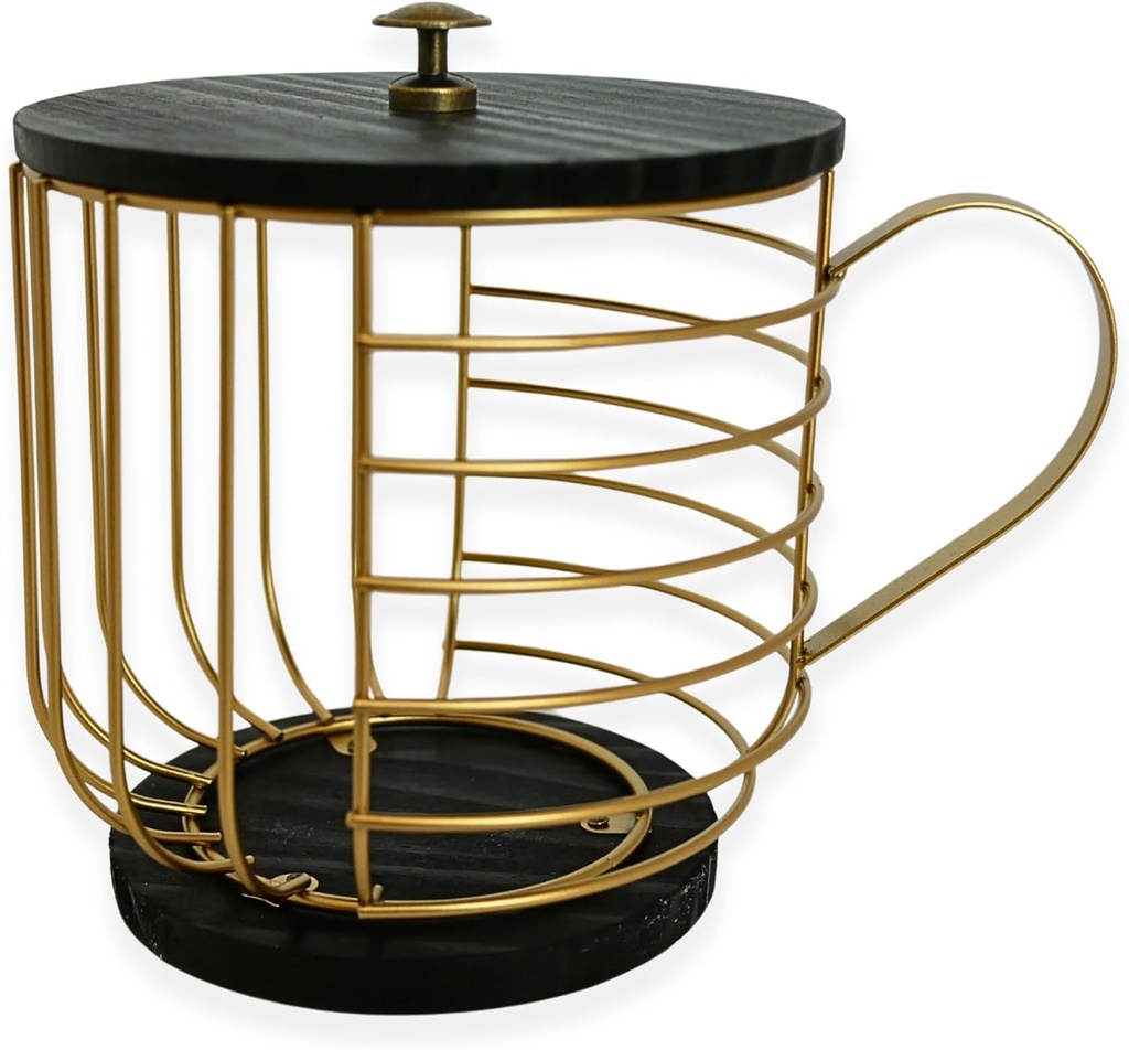 Large Coffee Pod Holder – Compatible w/KCup Pods and Capsules - Gold Metal K Cup Holder - Cute Coffee Pod Basket w/Wooden Lid - Coffee Pod Storage - Coffee Bar Decor (Black & Gold, Large)