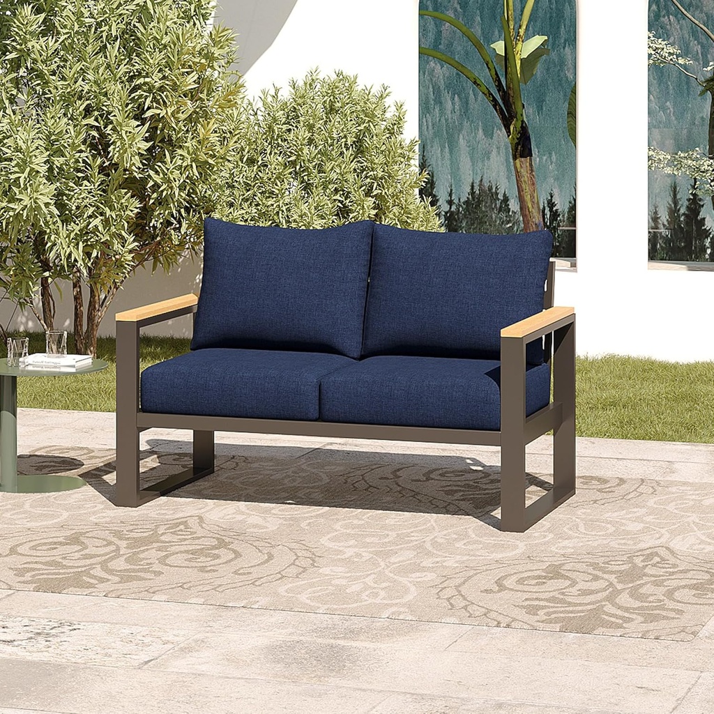 Sundale Outdoor Patio Furniture Aluminum Loveseat, All-Weather Outdoor Metal Sofa Couch with 6” Olefin Cushion & Dark Grey Frame, Outdoor Seating for Garden Deck Porch(Navy Blue)