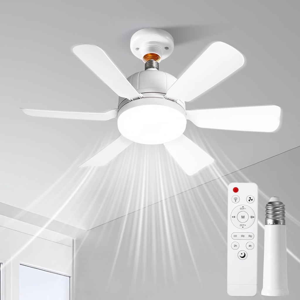 Socket Ceiling Fan Light with Remote and 1 Socket Extender, E26 Based Easy Install, Replacement for Indoor -Bedroom, Kitchen and Living Room, 3 Color Stepless Dimming (Six Blade Fan Light White)