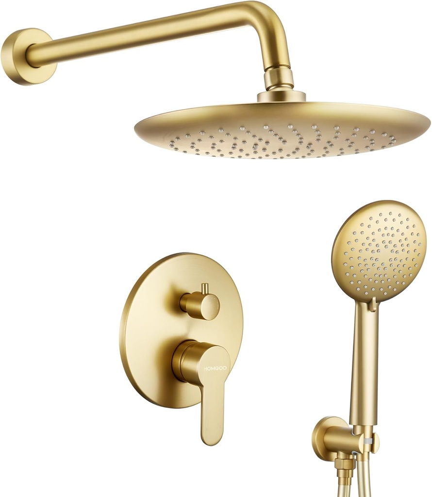 Shower System, Wall Mounted Shower Faucet Set for Bathroom with 10 Inch Rain Shower Head and Handheld Shower Head Set, Brushed Gold