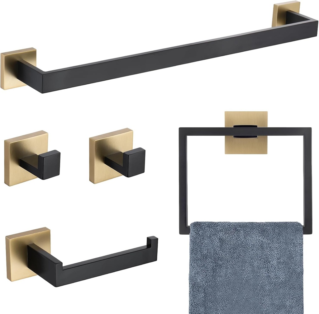 TURS Bathroom Hardware Set 5-Pieces Black and Gold Towel Bar Holder Set 24 Inch SUS304 Stainless Steel Bath Accessories Kit Towel Rack Set for Bathroom Wall Mounted.