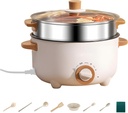 800W, for Dorm, 2.6 Qt, 2.5 L, Electric Cooking Pot, 8.7 in, 22 Cm, Steamer, Non-Stick Ceramic, Multi Hot Pot, Includes Cookware, Adjustable Temp, White Set