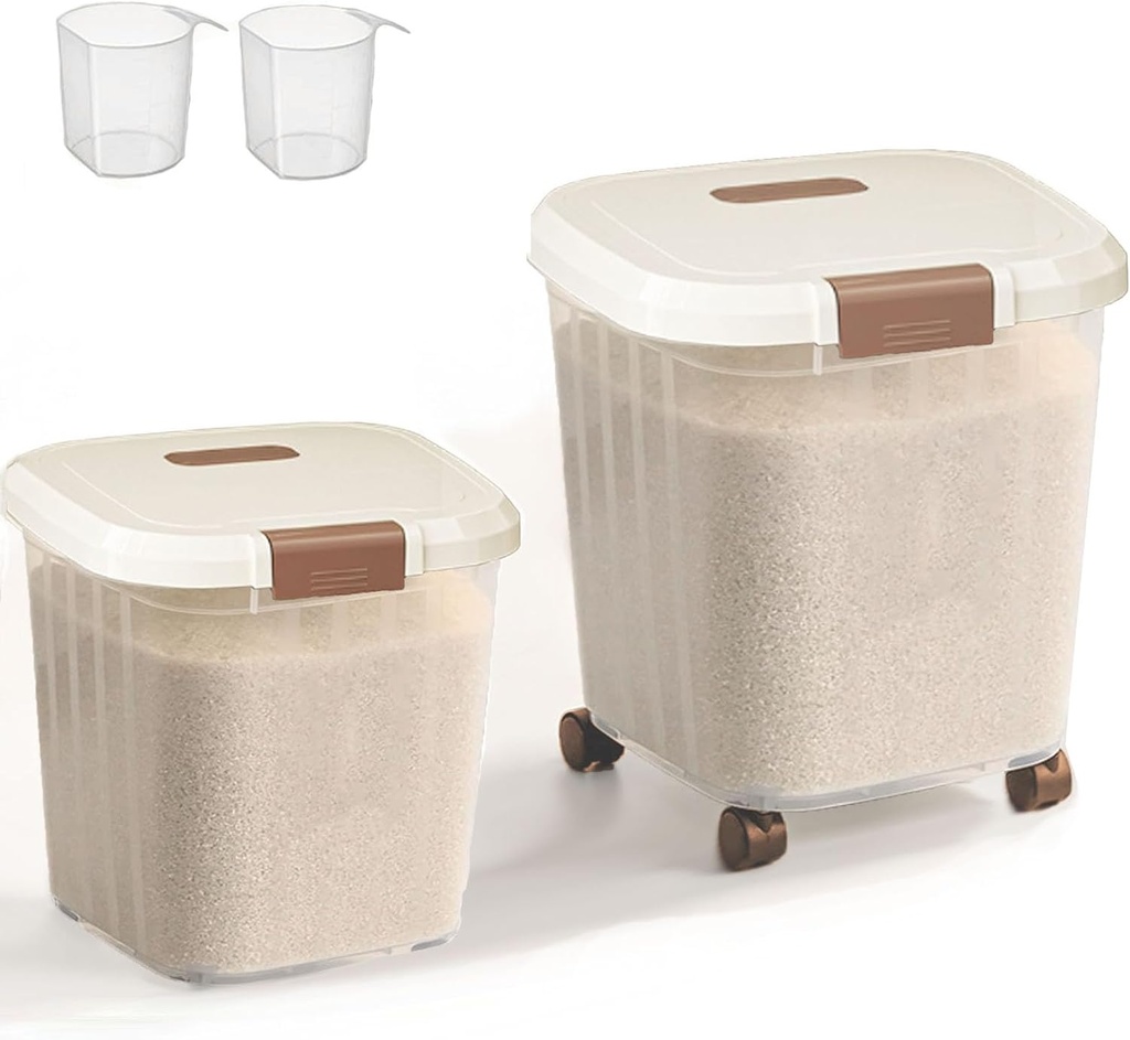 2Pack Clear Airtight Food Storage Containers with Measuring Cup 20 lbs & 30 lbs PP Plastic Bins for Flour, Rice, Pet Food Wheeled & Non-Wheeled Dry Goods Organizers
