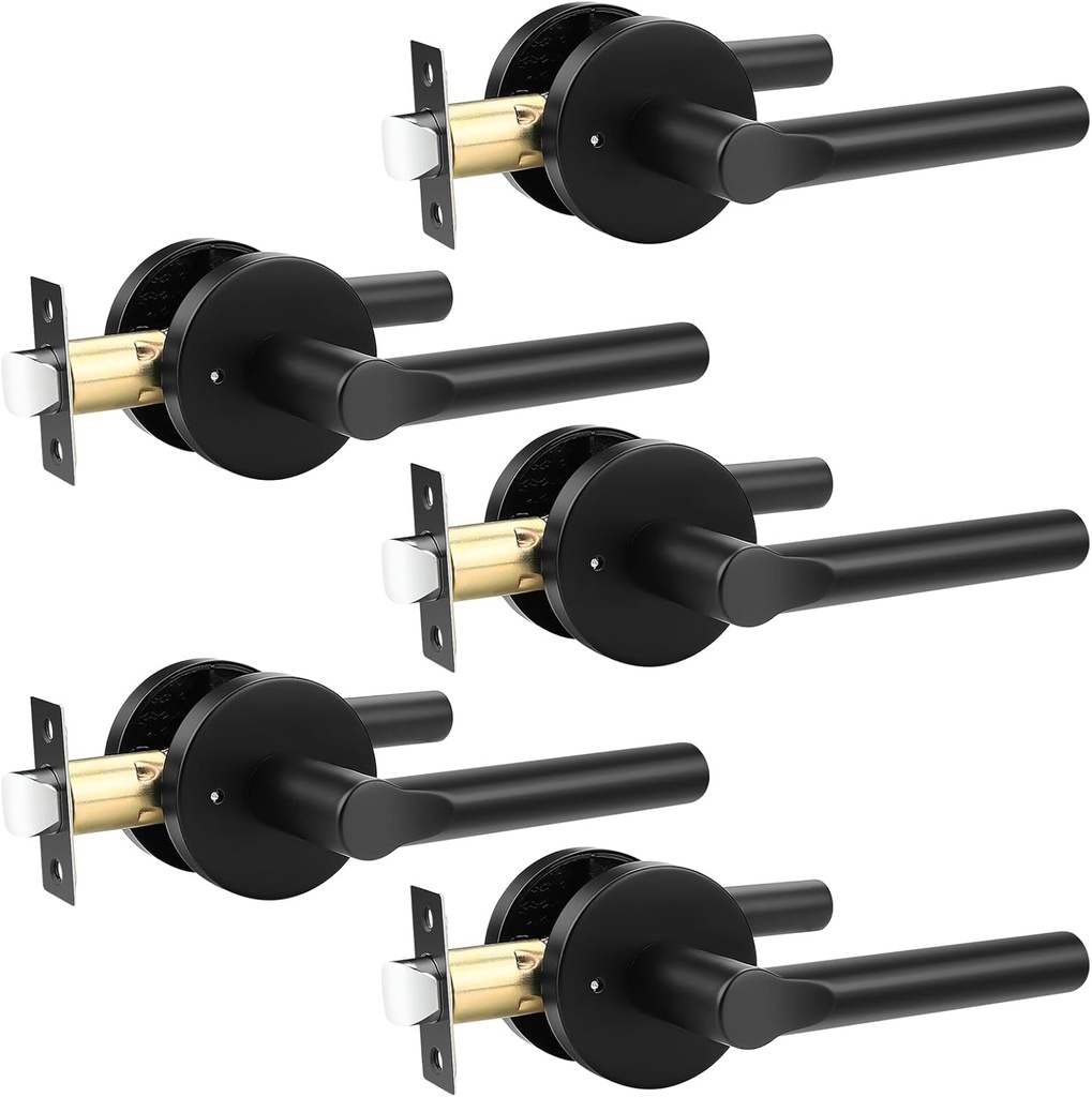 knobelite Privacy Door Handles Interior Keyless Door Lever,Left & Right Hand use Door Lock for Bath and Bed,Modern Black Stainless Steel Privacy Door Lock,5Pack