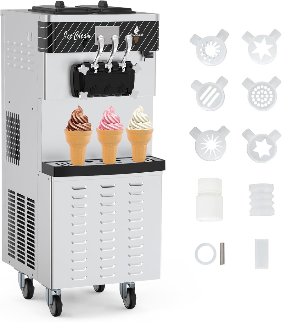 Commercial Soft Serve Ice Cream Machine 220V/2450W - 3-Flavor Dispenser, 5.8-7.9 GPH Output, Auto-Clean & LCD Touch Screen for Restaurants, Bars, Snack Shops
