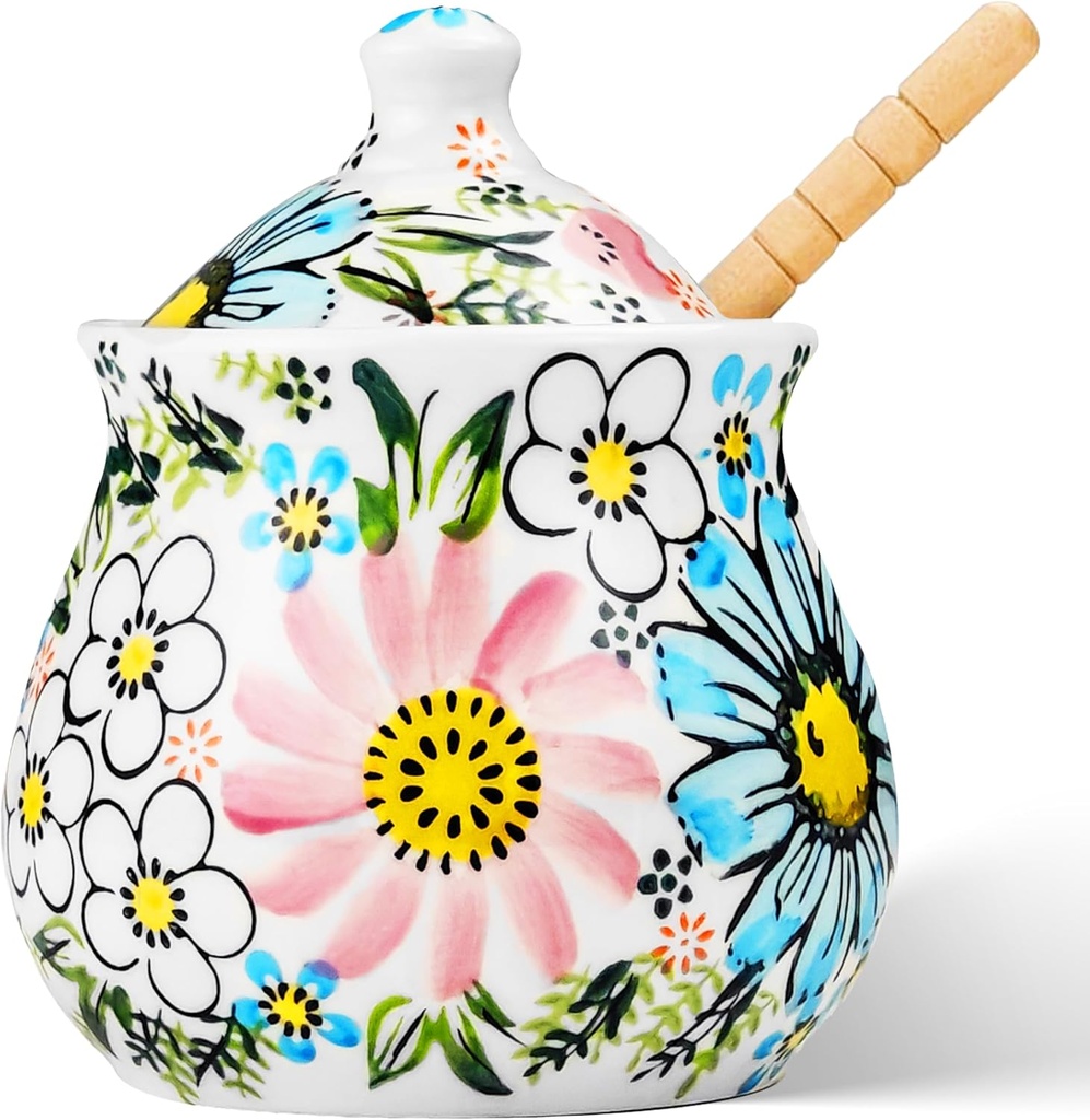 JUSONEY Ceramic Honey Pot with Dipper and Lid,10oz Handpainted Honey Dispenser with Flowers,No drip, Honey Jar Easy Clean(B)