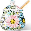 JUSONEY Ceramic Honey Pot with Dipper and Lid,10oz Handpainted Honey Dispenser with Flowers,No drip, Honey Jar Easy Clean(B)