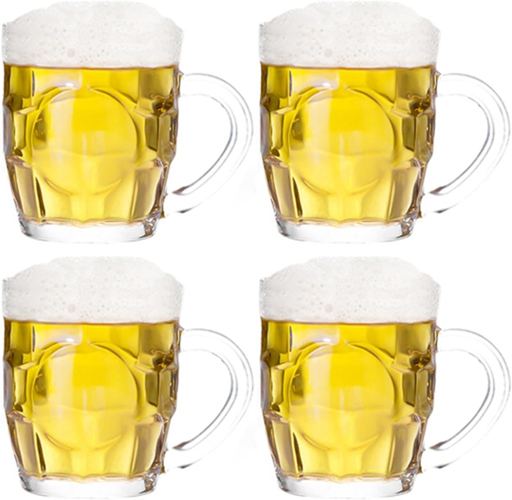 Dimple Stein Beer Mug Set, 10 oz Beer Glasses with Handle, Glass Beer Mugs, Dishwasher and Freezer Safe, Clear and Sturdy, Set of 4