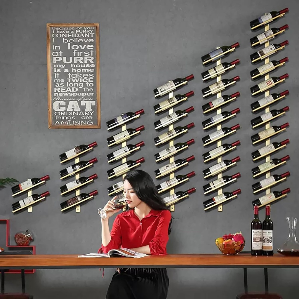 Creative Wall Mounted Wine Rack, Gold Metal Hanging Wine Bottle Holder Holds 6 Bottles, Liquor Bottle Display Shelf for Kitchen Pantry Bar Wine Cellar