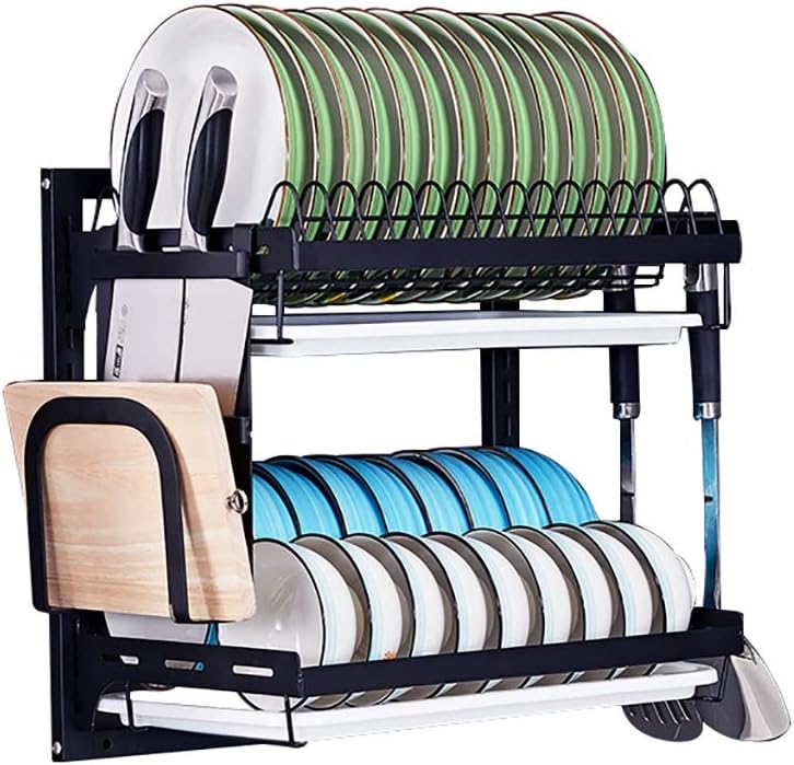 Dish Drain Rack with Hanging Basket Cutlery Dish Drain Rack,Dish Drainer Dish Drying Rack, 2-Tier Hanging Wall Mount Drying Plate Organizer Storage Shelf for Bowls, Utensils, Knives, Include