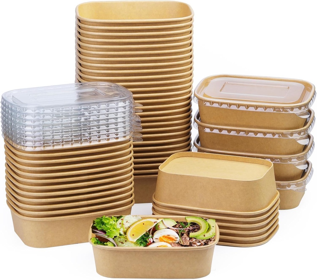 50 ​Pack 19 oz Paper Bowls, Disposable Food Containers with Lids, Rectangular Disposable Bowls, Disposable Salad Bowls with Lids for Diet Salad, Ice Cream, Yogurt, Party Food