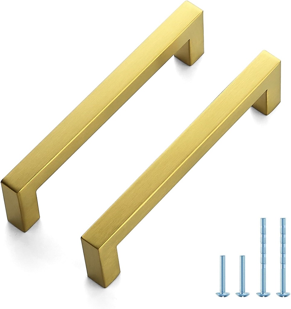 JOY DECOR 10 Pack Cabinet Handles, Gold Cabinet Pulls, 5 Inch Kitchen Handles Square Drawer Pulls Stainless Steel Drawer Hardware, 128mm Hole Center