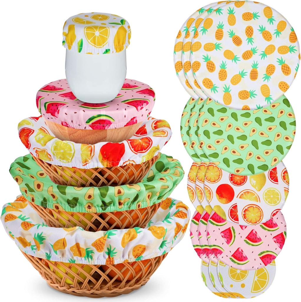 20 Pieces Summer Style Bowl Covers Reusable Fabric Stretch Cloth Covers Storage Elastic Dish Container Lids for Bowls Fruit Food Kitchen, Multiple Size