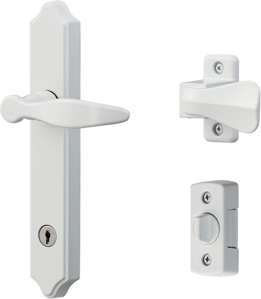 Ideal Security 1216 Surface Mount Storm Door Handle with Lock and Key for 1 – 1 ½ inches Thick Doors (White, 4-Posts)