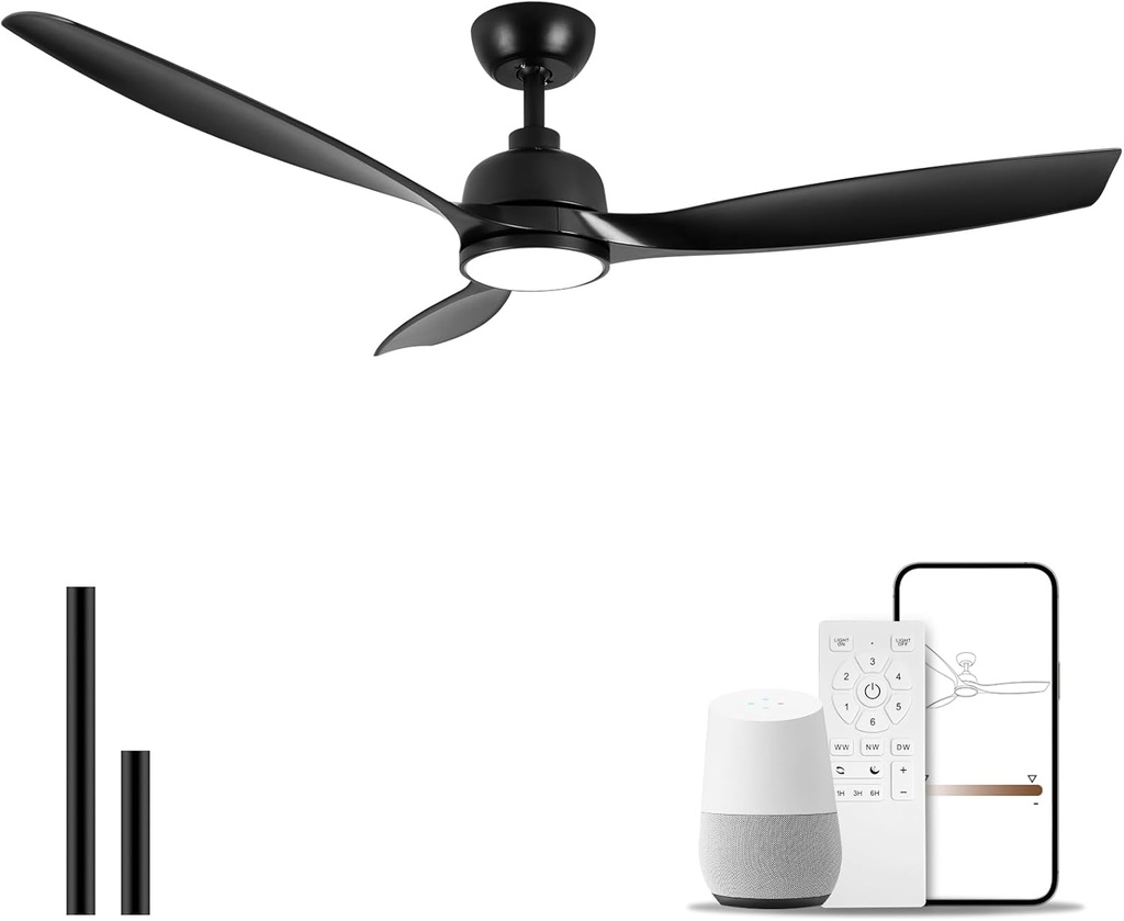 52 Inch Black Ceiling Fan with Light, Outdoor Ceiling Fan and Remote, Reversible Motor, 3-Color Temperature, 6 Speeds, for Patios, Bedroom