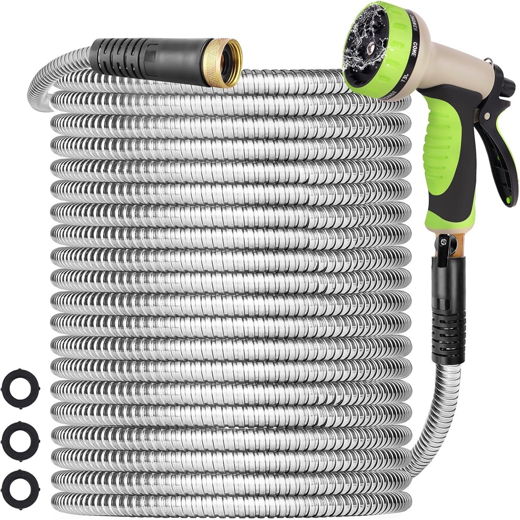 Gardentime 50FT Metal Garden Hose Stainless Steel Heavy Duty Lightweight Flexible Water Hose with 3/4” Fitting 10 Function Nozzle Leak Puncture Proof, No Kink & Tangle, Durable Outdoor Pipe Yard Lawn
