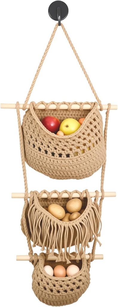 3 Tier Hanging Fruit Basket, Over the Door Organizer, Handmade Woven Jute Wall Baskets for Organizing, BOHO Wall Basket Decor, Over the Door Organizer for Kitchen, Bedroom, Bathroom