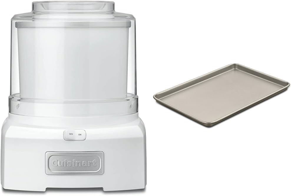 Cuisinart Ice Cream Maker Machine, 1.5 Quart Sorbet, Frozen Yogurt Maker, Double Insulated, White, ICE-21P1 & Chef's Classic Nonstick Bakeware 15-Inch Baking Sheet, Champagne