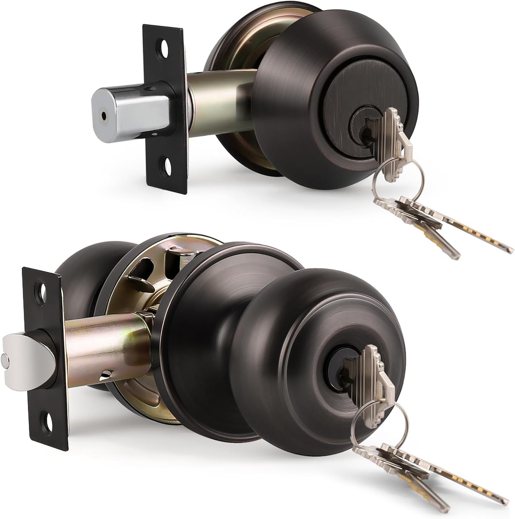 KNOBWELL 1 Pack Keyed Alike Door Knob and Double Cylinder Deadbolt Set, Exterior Door Lock Set, Double Keyed Door Knob, Oil Rubbed Bronze Front Door Lock