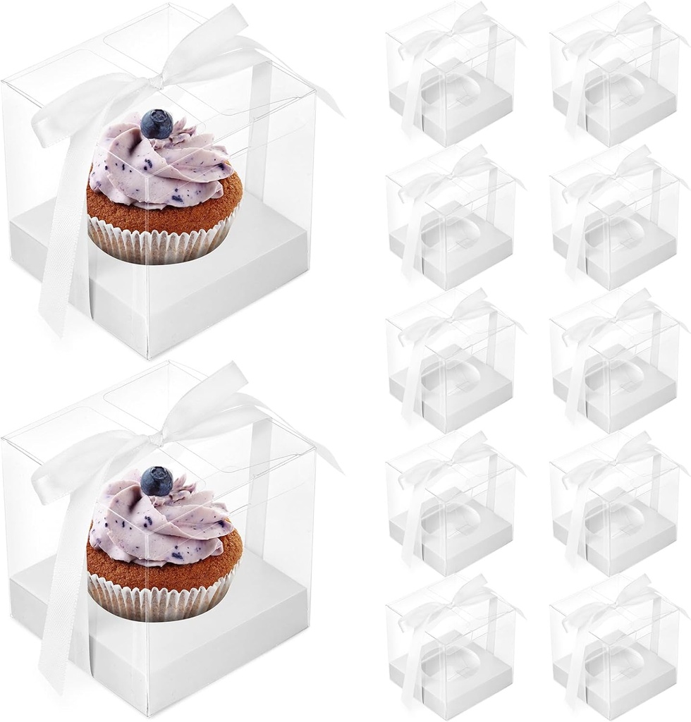 VGOODALL Clear Cupcake Containers, Individual Cupcake Boxes, 3.5x3.5x3.5 Inches, Set of 12 with White Insert and Ribbon for Birthday Wedding Party