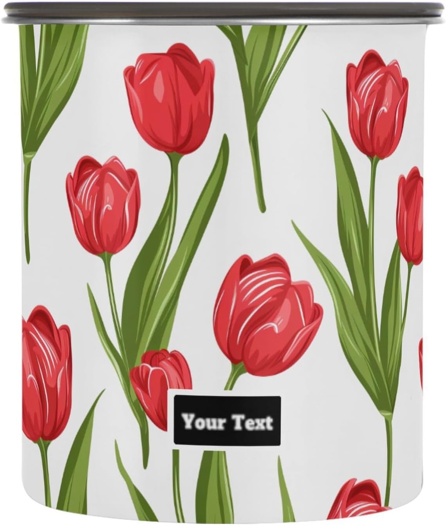 ALAZA Red Tulip Flower Floral Kitten Cats Airtight Coffee Bean Canister Customed 30oz Food Storage Containers with Lids For Gournd, Tea, Sugar, Flour, Rice, Cereal, Candy Cookie Jar