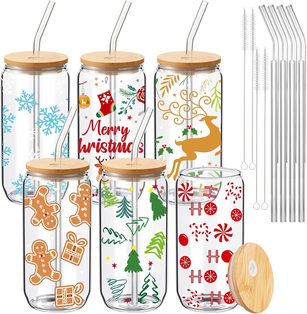 Dandat 8 Pack Christmas Glass Cups 16 oz Blank Snowflakes Iced Coffee Beer Can with Lids and Straws Tumbler Mason Jar Cups Mug Drinking Borosilicate Glass with 12 Pcs Sublimation Picture for DIY