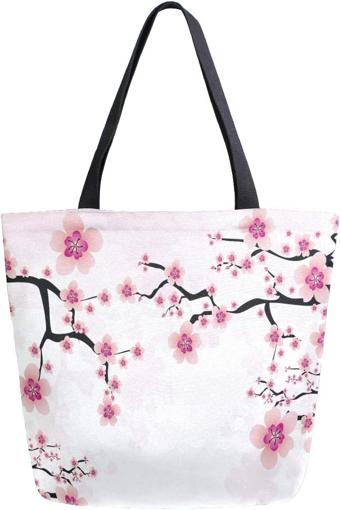 Floral Flower Canvas Tote Bag - Large Women's Casual Shoulder Handbag, Japanese Cherry Blossom Reusable Multipurpose Heavy Duty Shopping Grocery Cotton Bag for Outdoors