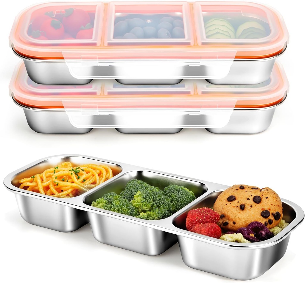 Stainless Steel Snack Containers, Reusable Snack Containers with Lids Stainless Steel Lunch Box with 3 Compartment Divided Food Storage for Home Work Travel Outdoor Camping (Orange 3 Pack)