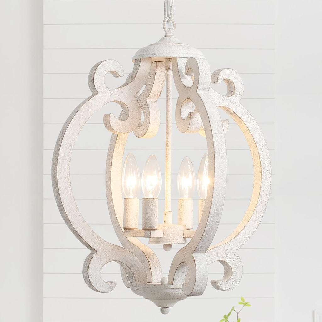 4-Light Farmhouse Wood Chandelier, White Chandeliers for Dining Room French Country Light Fixtures Over Table, Rustic Vintage Distressed Shabby Chic Chandelier for Foyer Entryway Kitchen Living Room