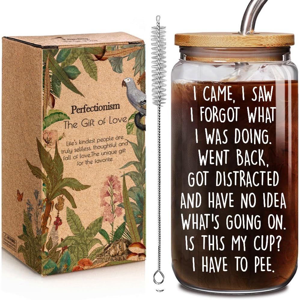 I Came I Saw I Forgot Glass Cup 16oz Birthday Gifts for Women Grandma Mom Aunt, Funny Drinking Cups Gifts for Elderly Senior Citizen, Gag Gift for Mother’s Day, 60th Birthday Gift for Women