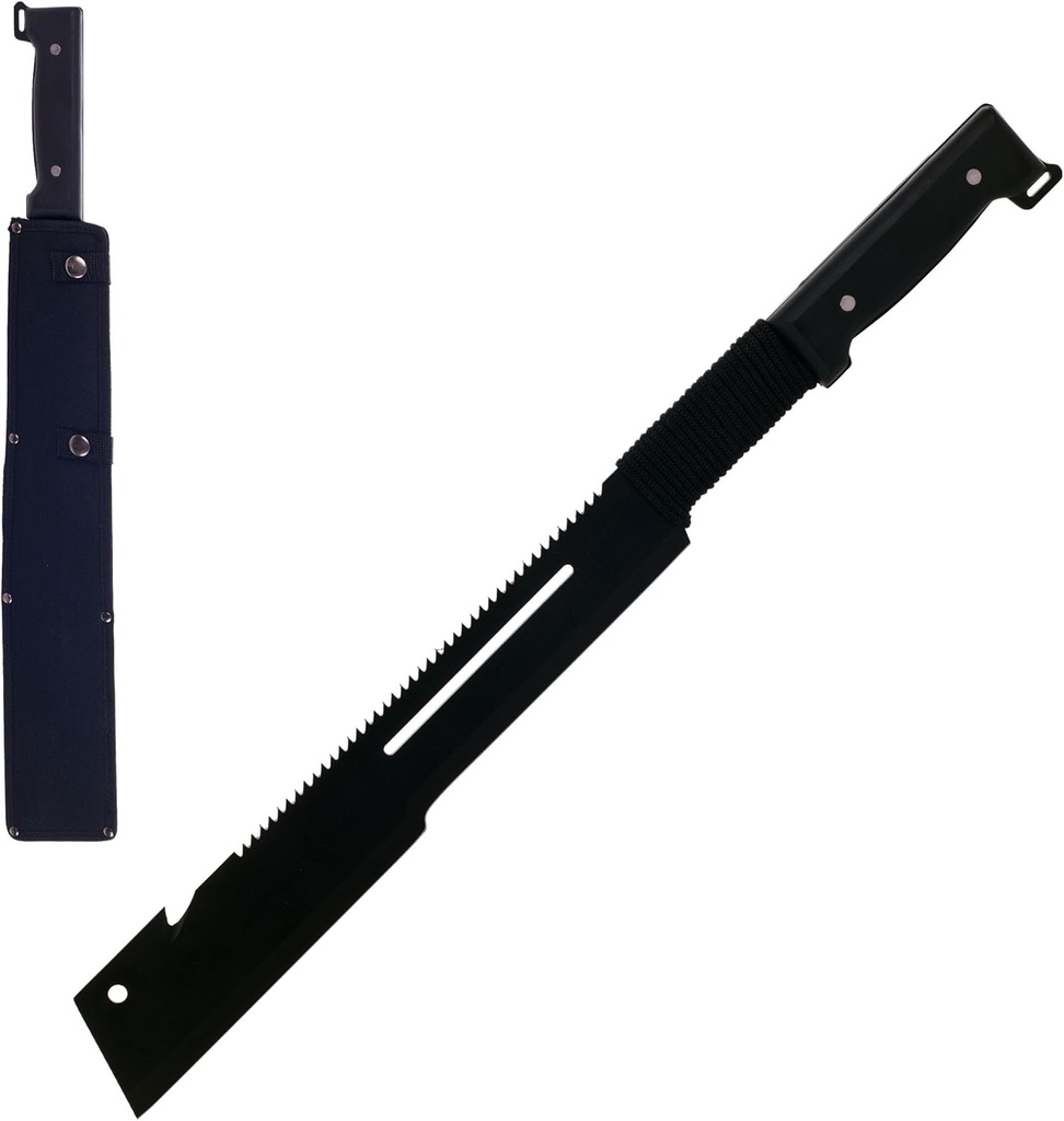Machete with Sheath - 22.75-Inch Heavy-Duty Saw-Back Blade with Hanging Eyelet and Cord-Wrapped Handle by Whetstone Cutlery (Black)