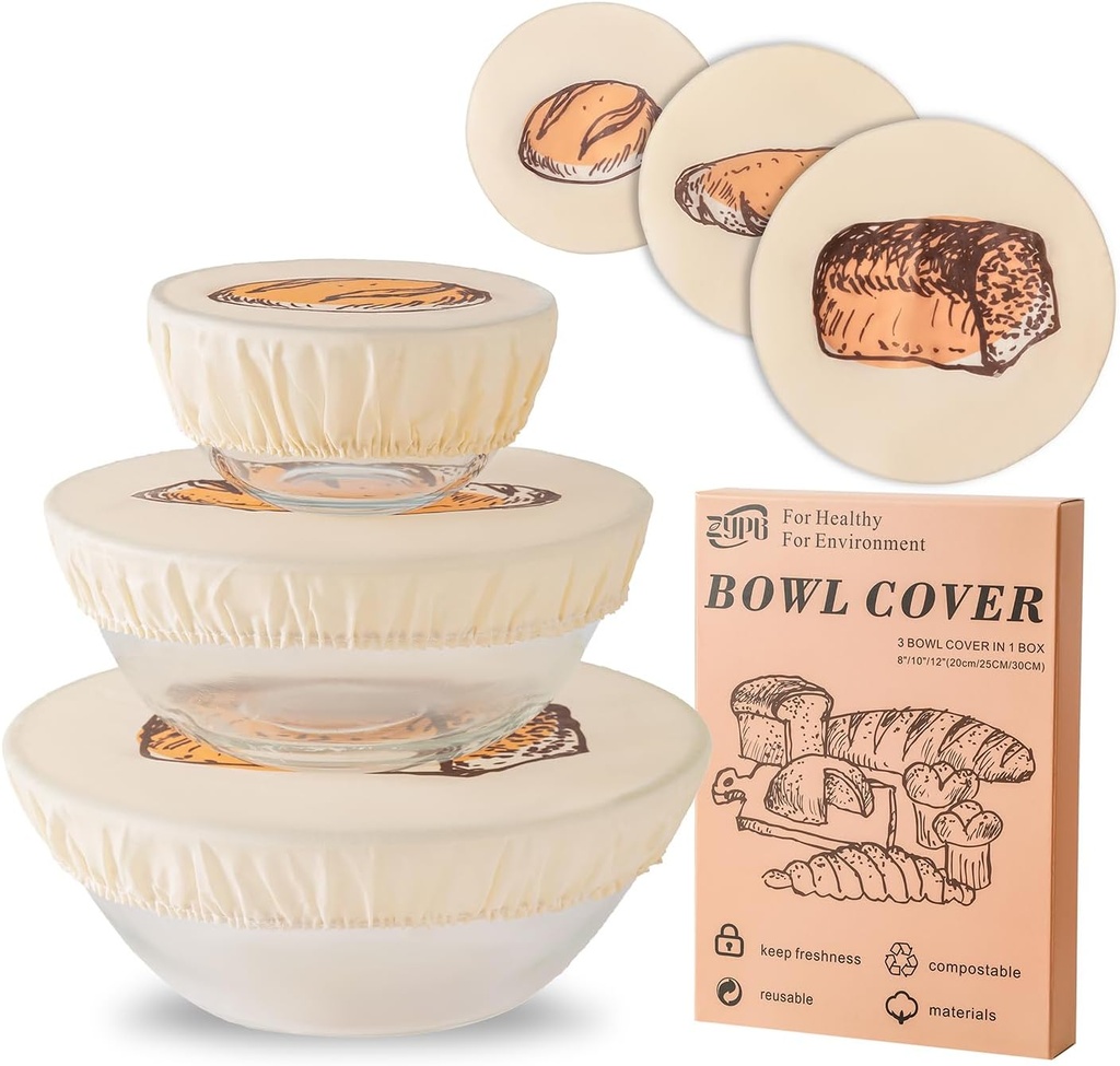 3 Pack Beeswax Cotton Bowl Covers for Bread Proofing, 8/10/12 Inch Reusable Elastic Cloth Food Covers, Washable Fabric Lids for Sourdough, Dough Rising and Kitchen Storage