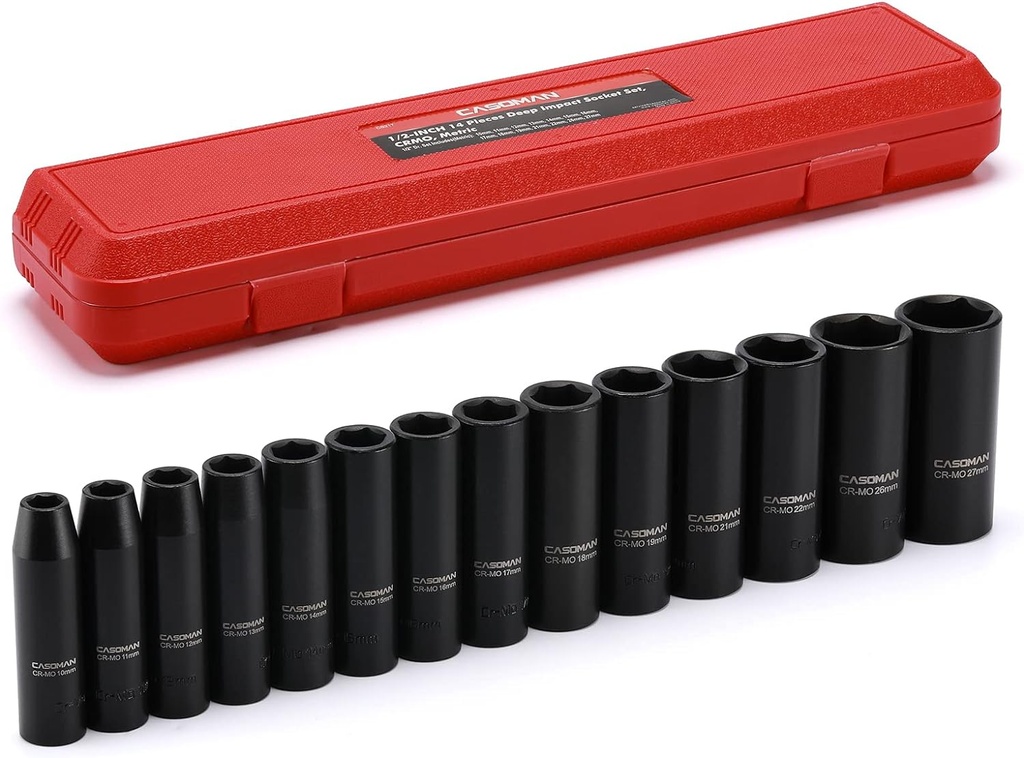 CASOMAN 1/2-Inch Drive Deep Impact Socket Set, 14 Pieces Set, 10mm-27mm, CR-MO, Metric, Heavy Duty Storage Case