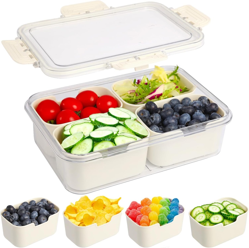 Small Snackle Box Container - Divided Snack Containers with Lid - Reusable Refrigerator Fruit Veggie Serving Tray - Kitchen Food Storage Organizer for Travel Candy Nuts (4 Compartments)
