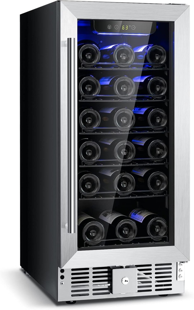 SIMOE 15 Inch Wine Cooler, 30 Bottles Wine Fridge Stainless Steel with Professional Compressor, Tempered Glass Door, Safety Lock, Built-in & Freestanding Wine Cooler Refrigerator for Home Bar Office