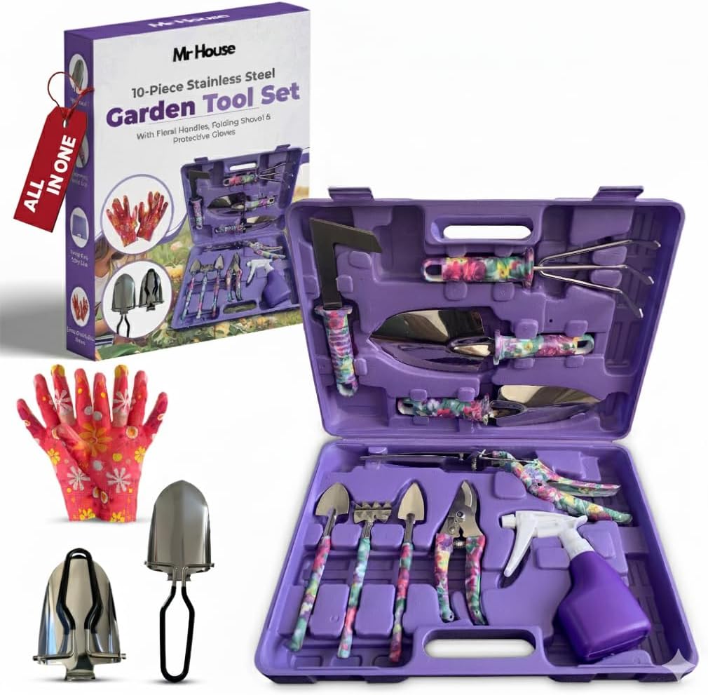12-Piece Gardening Tools Set – Rust-Resistant Stainless Steel Hand Tools with Ergonomic Floral Handles & Carry Case, Includes Folding Shovel & Gloves – Perfect Gardening Kit for Women & Beginners